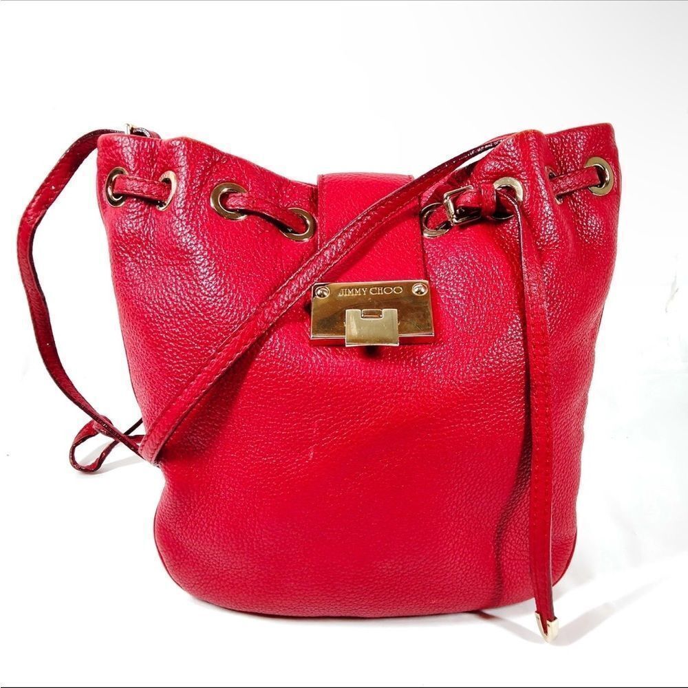 Authentic Jimmy Choo Red Leather Ryad Bucket Shoulder Bag